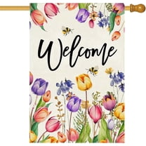 SM-XLHN Spring Summer Easter Tulip Welcome House Flag Double Sided Bee Colorful Floral Burlap Yard House Seasonal Farmhouse Outside Outdoor Decoration 28 x 40 Inch(large)