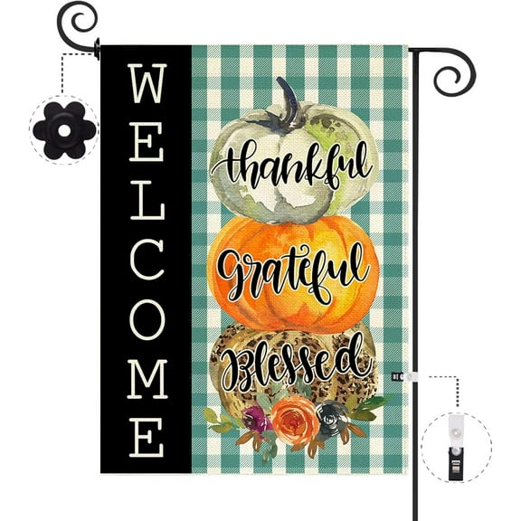 SM-XLHN Fall Thanksgiving Garden Flag 12.5 x 18 Inch Double Sided Burlap Fall Thankful Grateful Blessed Pumpkins Welcome Buffalo Plaid Small Yard Flag Holiday Seasonal Outdoor Outside Decoration