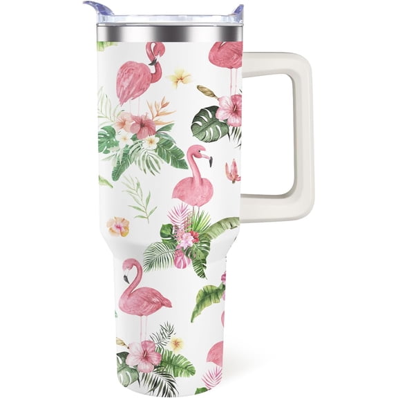 SM-XLHN Flamingo Tumbler with Handle Flamingo Gifts for Women 40oz Cup Stainless Steel Water Bottle Insulated Travel Coffee Mug with Lid and Straw