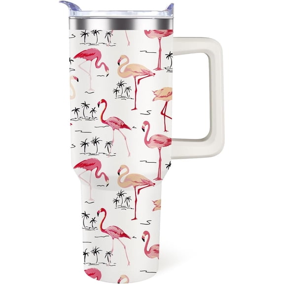 SM-XLHN Flamingo Tumbler with Handle Flamingo Gifts for Women 40oz Cup Stainless Steel Water Bottle Insulated Travel Coffee Mug with Lid and Straw