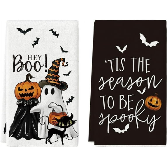 SM-XLHN Ghost Pumpkins Bats Cat Hey Boo Halloween Kitchen Towels Dish Towels, 18x26 Inch Seasonal Decoration Hand Towels Set of 2