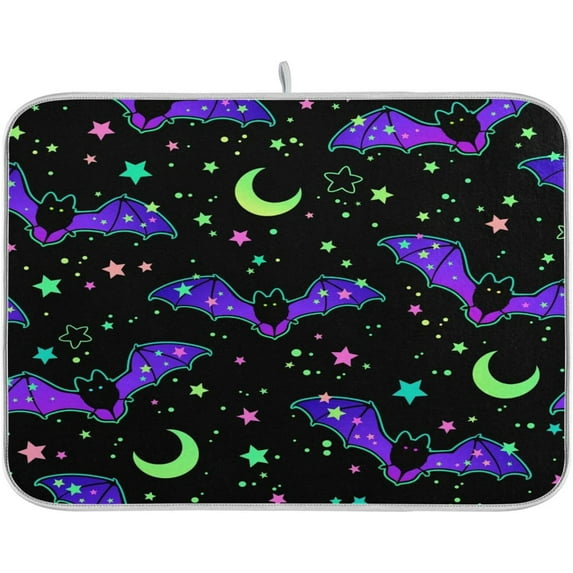 SM-XLHN Halloween Bat Dish Drying Mat for Kitchen Counter, Super Absorbent Reversible Dish Drainer Rack Pad Coffee Bar Mat, 16 x 18 Inch