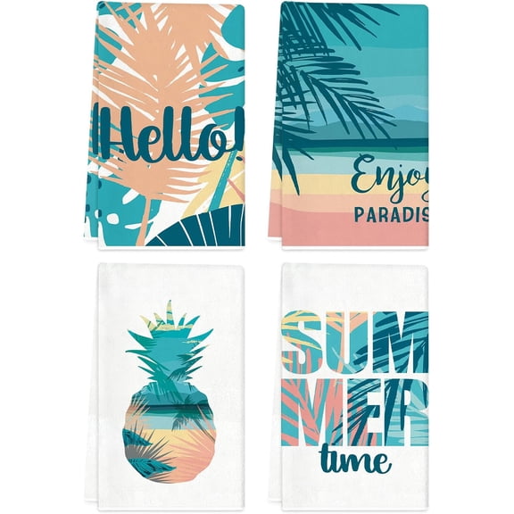 SM-XLHN Hello Summer Kitchen Towels 18x26 Inch Set of 4 Beach Theme Dish Towels Farmhouse Seasonal Decorative Hand Cloths for Kitchen Decoration