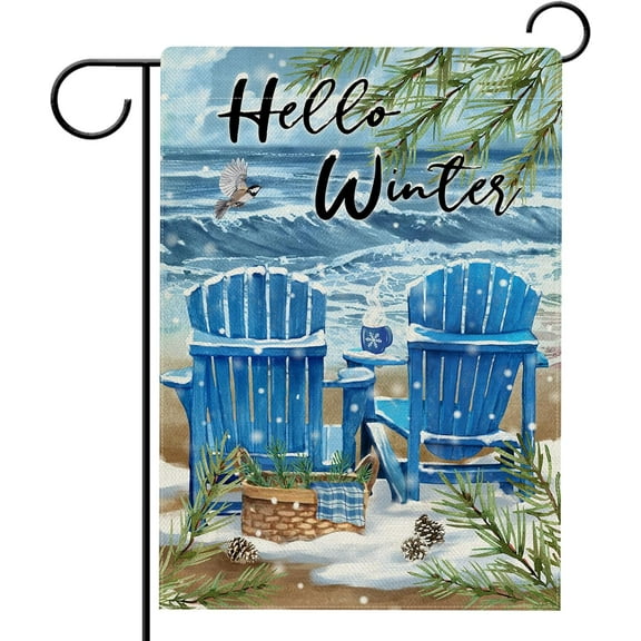 SM-XLHN Hello Winter Blue Sea Chairs Garden Flag Double Sided, Beach Ocean Pine Tree Coastal Decorative Yard Outdoor Home Small Decor, Christmas Basket Bird Snow Nautical Burlap House Decoration 12x18