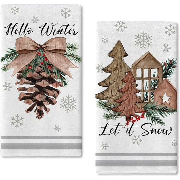 SM-XLHN Hello Winter Pine Cone Kitchen Dish Towels Set of 2, Let It Snow Christmas Tree Red Berry Bow Hand Towels Drying Baking Cooking Cloth, Snowflake Farmhouse Holiday Home Kitchen Decor 18x26 Inch