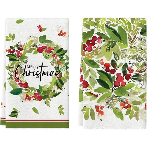 SM-XLHN Holly Berry Merry Christmas Kitchen Towels Dish Towels, 18x26 Inch Leaves Wreath Winter Xmas Holiday Decoration Hand Towels Set of 2