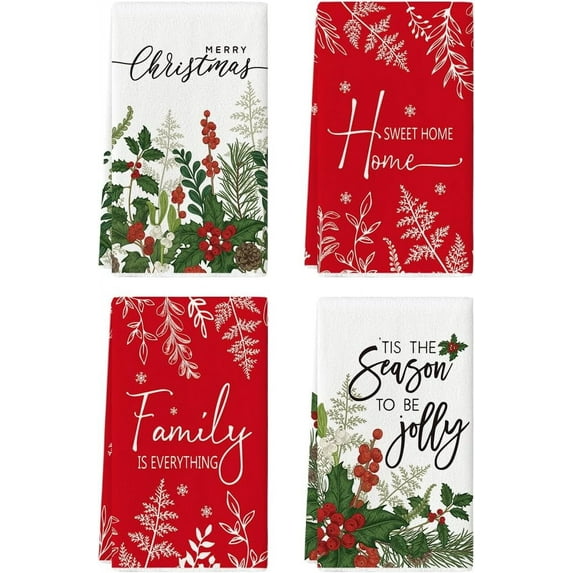 SM-XLHN Holly Merry Christmas Kitchen Towels Dish Towels, 18x26 Inch Holiday Home Sweet Home Jolly Winter Decoration Hand Towels Set of 4
