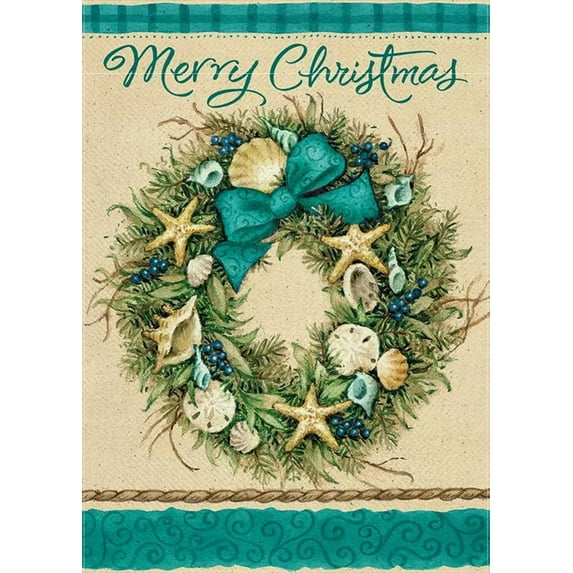 SM-XLHN Merry Christmas Coastal Wreath Large Decorative House Flag, Xmas Beach Seashell Garden Yard Ocean Home Outside Decoration, Winter Nautical Sea Outdoor Decor Double Sided 28 x 40