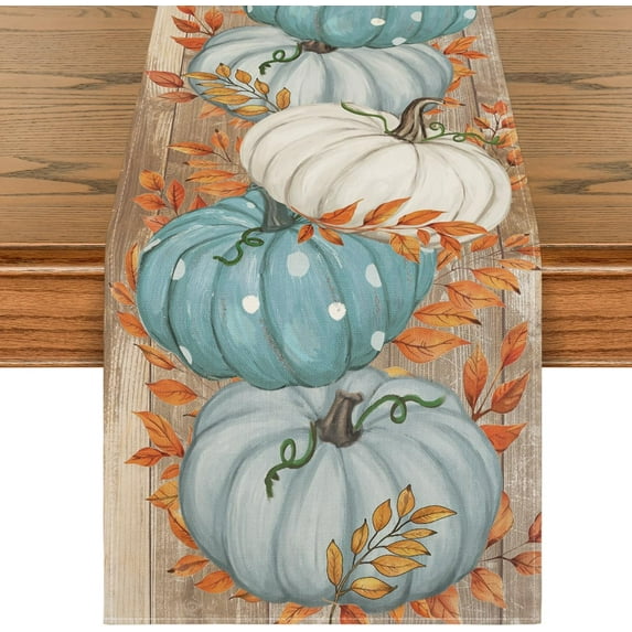 SM-XLHN Orange Polka Dot Pumpkin Eucalyptus Wood Fall Table Runner, Seasonal Autumn Kitchen Dining Table Decoration for Home Party Decor 13x72 Inch