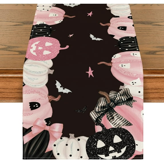 SM-XLHN Pink Jack-O-Lantern Pumpkin Bat Halloween Table Runner, Holiday Kitchen Dining Table Decoration for Indoor Outdoor Home Party Decor 13 x 72 Inch