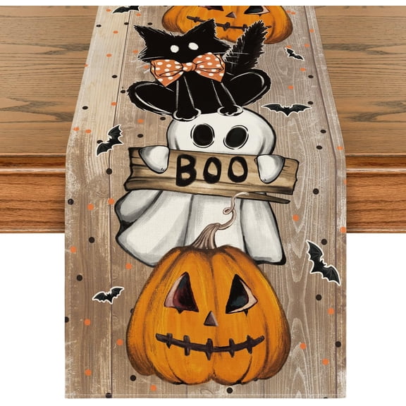 SM-XLHN Polka Dot Ghost Pumpkin Cat Boo Halloween Table Runner, Bat Seasonal Fall Kitchen Dining Table Decoration for Home Party Decor 13x72 Inch