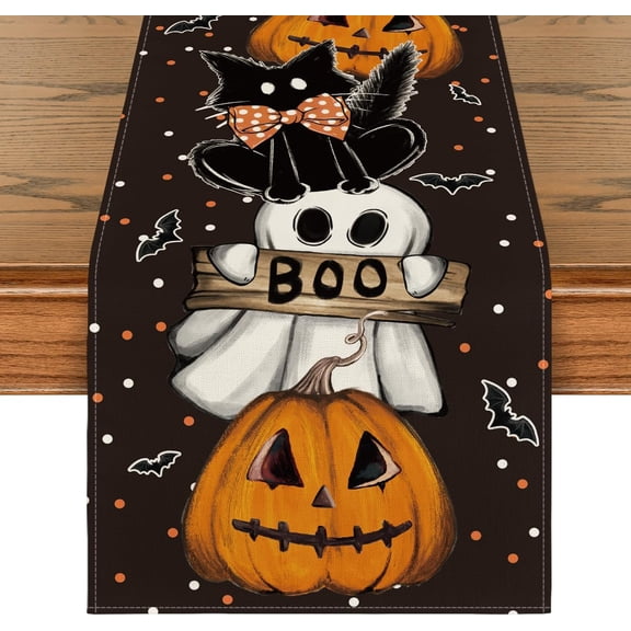 SM-XLHN Polka Dot Ghost Pumpkin Cat Boo Halloween Table Runner, Bat Seasonal Fall Kitchen Dining Table Decoration for Home Party Decor 13x72 Inch