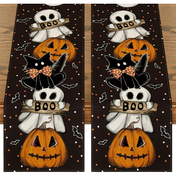 SM-XLHN Polka Dot Ghost Pumpkin Cat Boo Halloween Table Runner, Bat Seasonal Fall Kitchen Dining Table Decoration for Home Party Decor 13x72 Inch