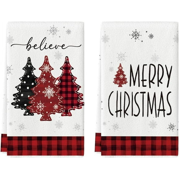 SM-XLHN Red Pine Trees Merry Christmas Kitchen Towels Dish Towels, 18x26 Inch Believe Winter Xmas Holiday Decoration Hand Towels Set of 2