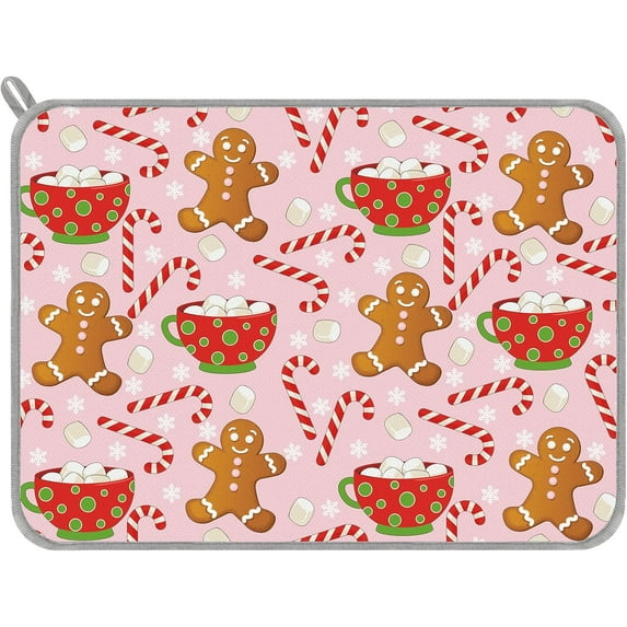 SM-XLHN SM-XLHN Christmas Dish Drying Mat Pink Gingerbread Candy Cane Absorbent Dish Drainer Protector Pad for Xmas Winter Kitchen Countertop Tableware Decor, 18 x 24 Inch, AD4324