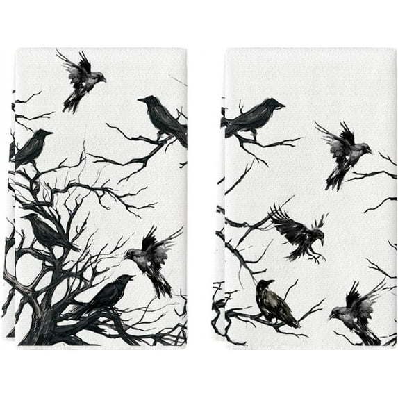 SM-XLHN Silhouette Tree Branches Crows Halloween Kitchen Towels Dish Towels, 18x26 Inch Seasonal Decoration Hand Towels Set of 2