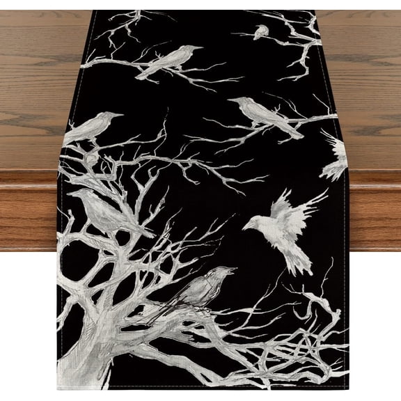 SM-XLHN Silhouette Tree Crows Halloween Table Runner, Branches Fall Kitchen Dining Table Decoration for Outdoor Home Party 13x36 Inch