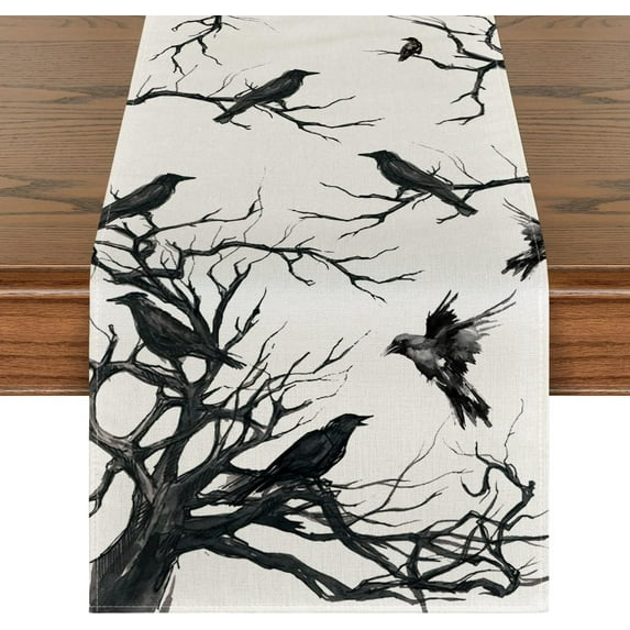 SM-XLHN Silhouette Tree Crows Halloween Table Runner, Branches Fall Kitchen Dining Table Decoration for Outdoor Home Party 13x36 Inch