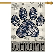 SM-XLHN Snowflake Paw Print Winter House Flag 28x40 Inch Double Sided Outside, Buffalo Plaid Welcome Seasonal Yard Outdoor Decorative Flag