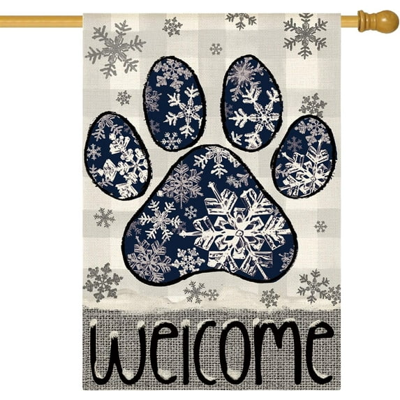 SM-XLHN Snowflake Paw Print Winter House Flag 28x40 Inch Double Sided Outside, Buffalo Plaid Welcome Seasonal Yard Outdoor Decorative Flag