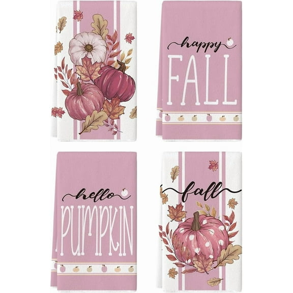 SM-XLHN Stripes Polka Dot Pumpkin Fall Kitchen Towels Dish Towels, 18x26 Inch Farmhouse Maple Leaves Autumn Decoration Hand Towels Set of 4
