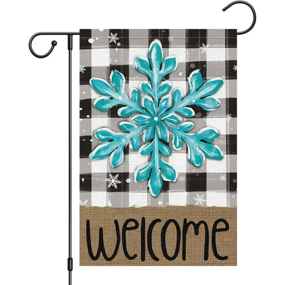 SM-XLHN Welcome Winter Garden Flag 12x18 Inch Double Sided Burlap Snowflake Black White Buffalo Plaid Check Rustic Yard Flags for Seasonal Christmas Farmhouse Decoration(ONLY FLAG)
