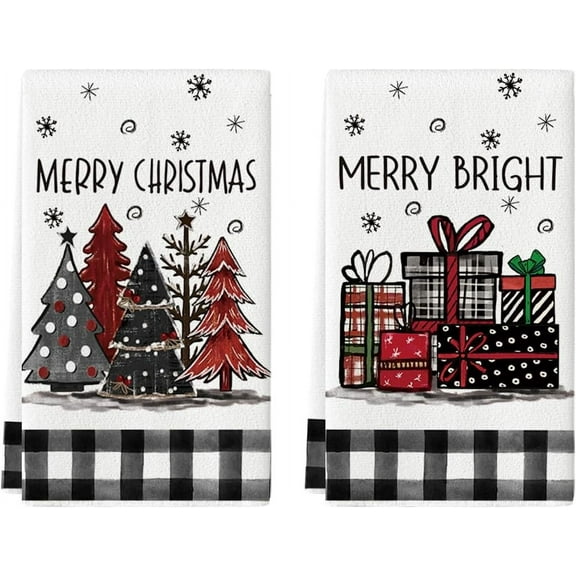 SM-XLHN Xmas Tree Gift Box Merry Christmas Kitchen Towels Dish Towels, 18x26 Inch Holiday Merry Bright Winter Decoration Hand Towels Set of 2