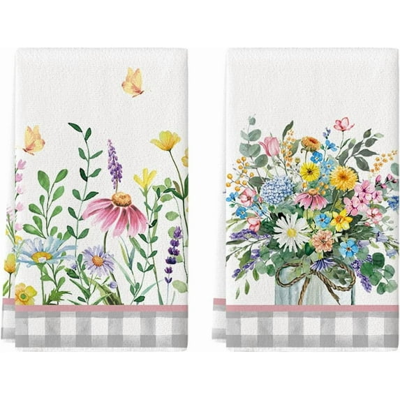 SM-XLHN Yellow Daisy Bees Eucalyptus Summer Kitchen Towels Dish Towels, 18x26 Inch Spring Farmhouse Flowers Decoration Hand Towels Set of 2