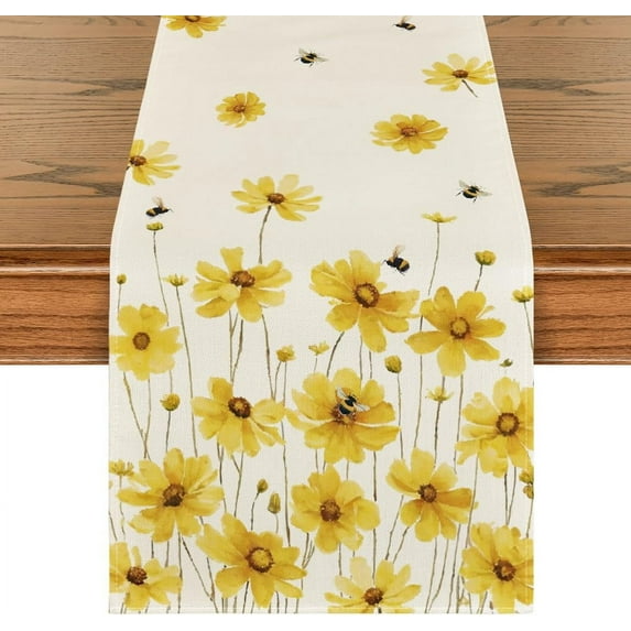 SM-XLHN Yellow Flowers Daisy Bees Summer Table Runner, Seasonal Easter Fall Holiday Kitchen Dining Table Decoration for Home Party Indoor 13x48 Inch