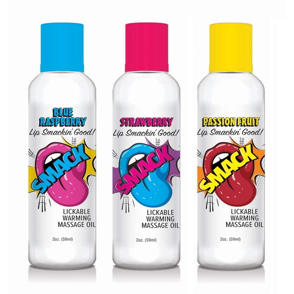 SMACK, WARMING MASSAGE OIL, BLUE RASPBERRY, STRAWBERRY, PASSION FRUIT