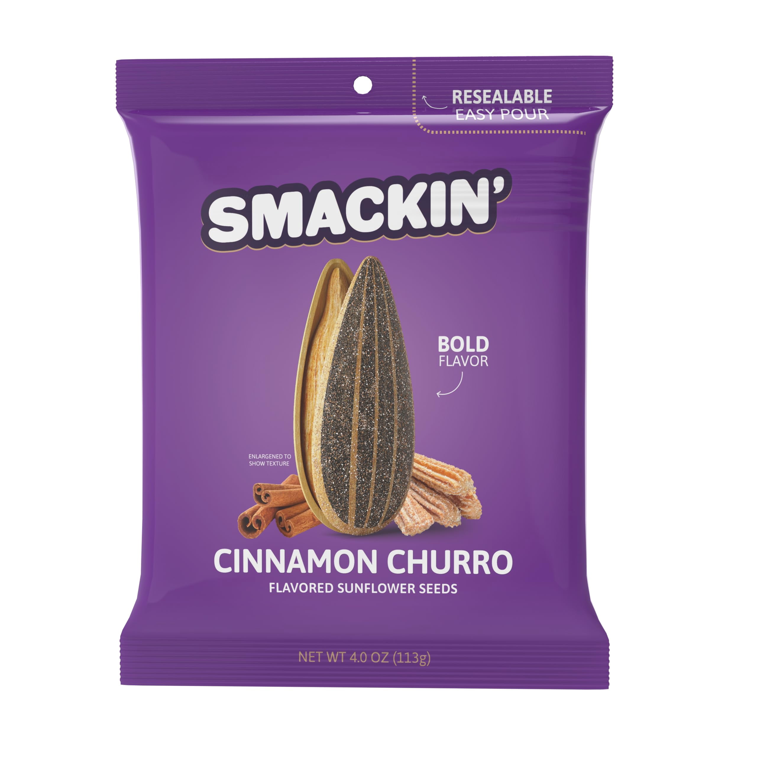 SMACKIN' - Jumbo Roasted Sunflower Seeds, No Salty Burn, American Made, Easy Pour & Seal - Cinnamon Churro, 4oz bag (12 Bags)