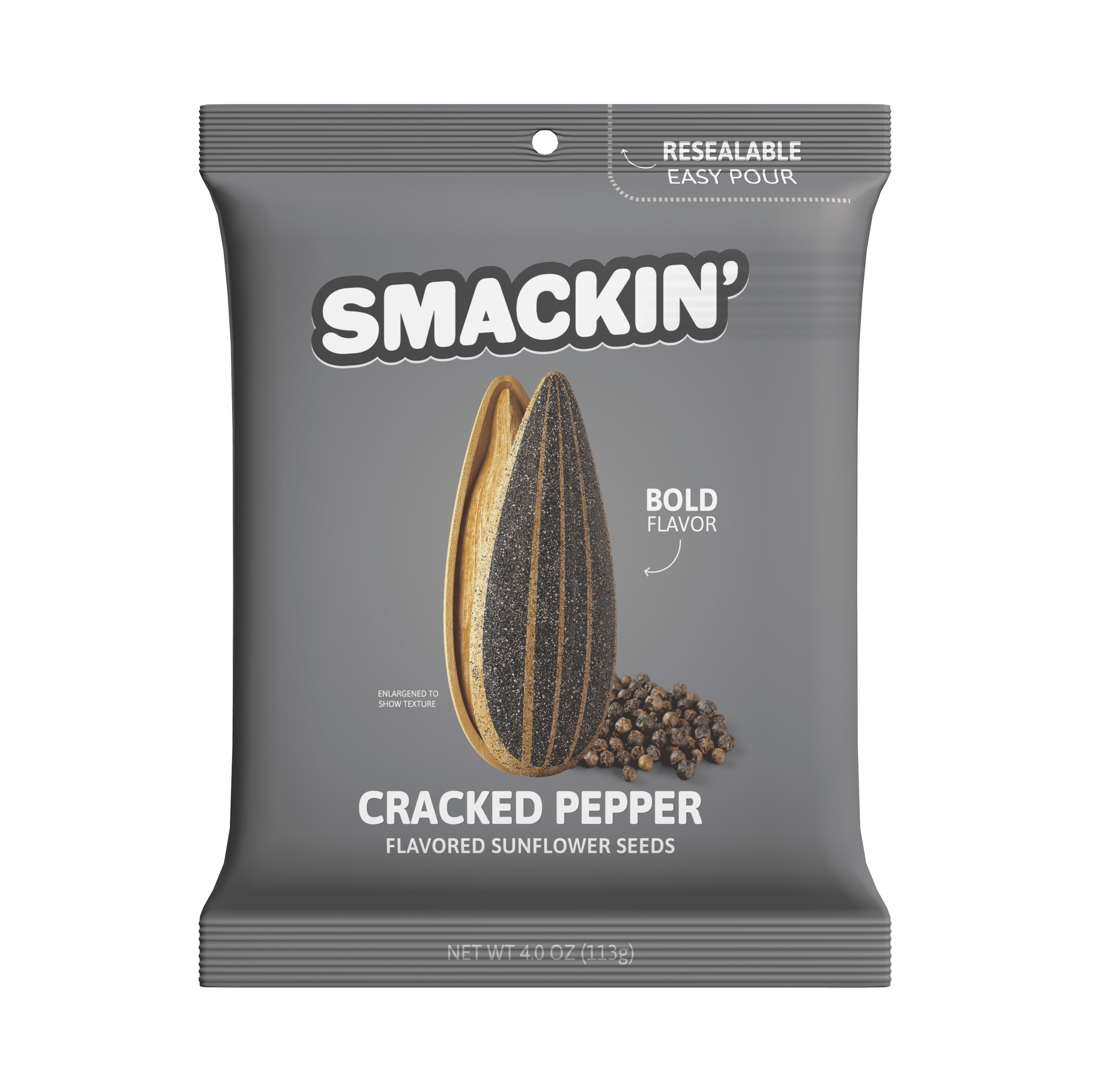 SMACKIN' - Jumbo Roasted Sunflower Seeds, No Salty Burn, American Made, Easy Pour & Seal - Cracked Pepper, 4oz bag (12 Bags)