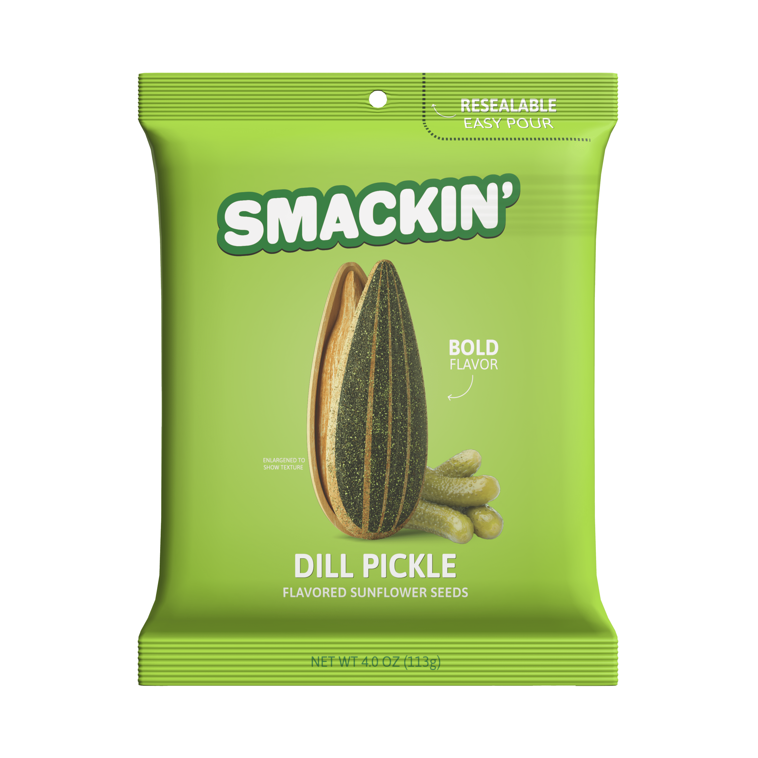 SMACKIN' - Jumbo Roasted Sunflower Seeds, No Salty Burn, American Made, Easy Pour & Seal - Dill Pickle, 4oz bag (12 Bags)