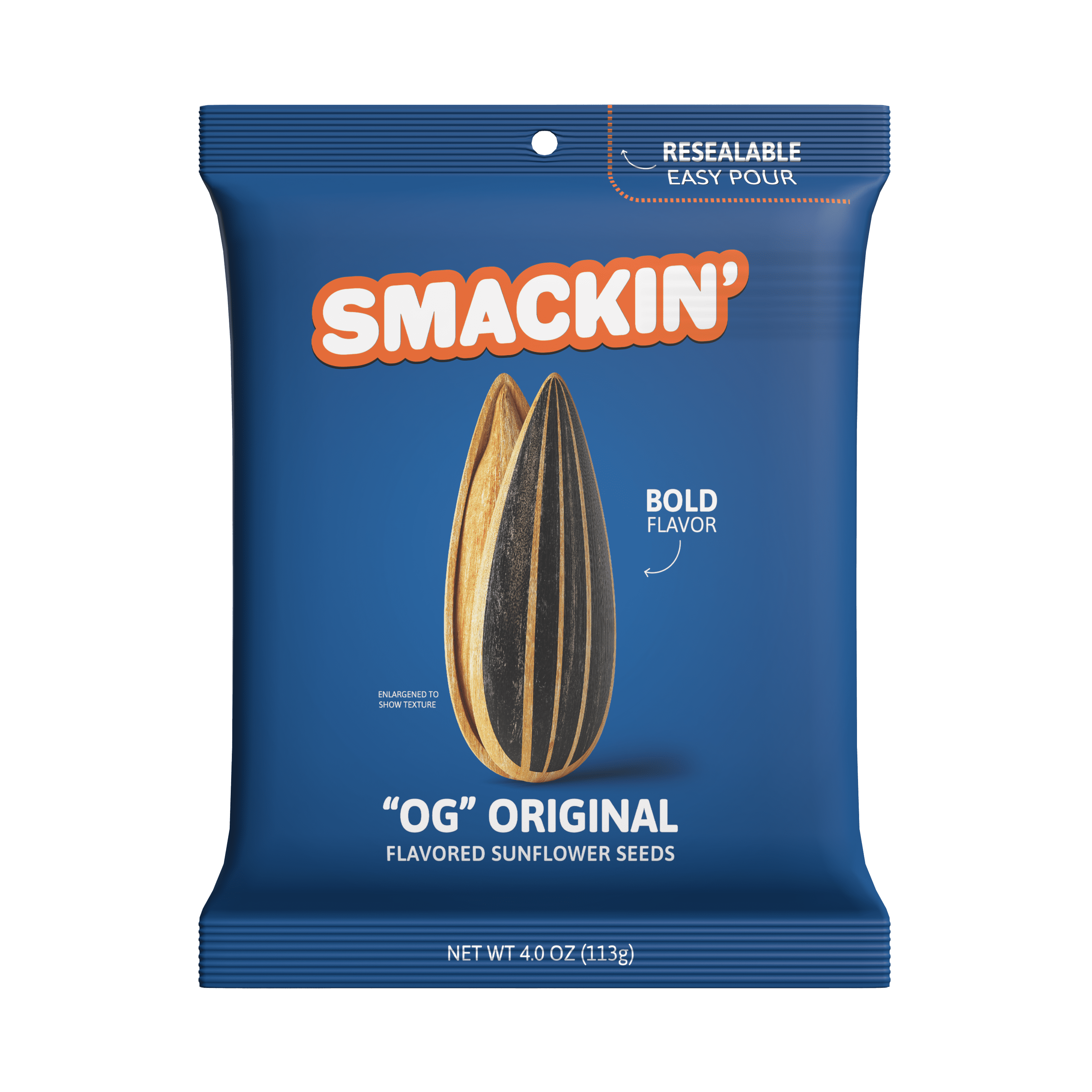 SMACKIN' - Jumbo Roasted Sunflower Seeds, No Salty Burn, American Made, Easy Pour & Seal - "OG" Original, 4oz bag (12 Bags)