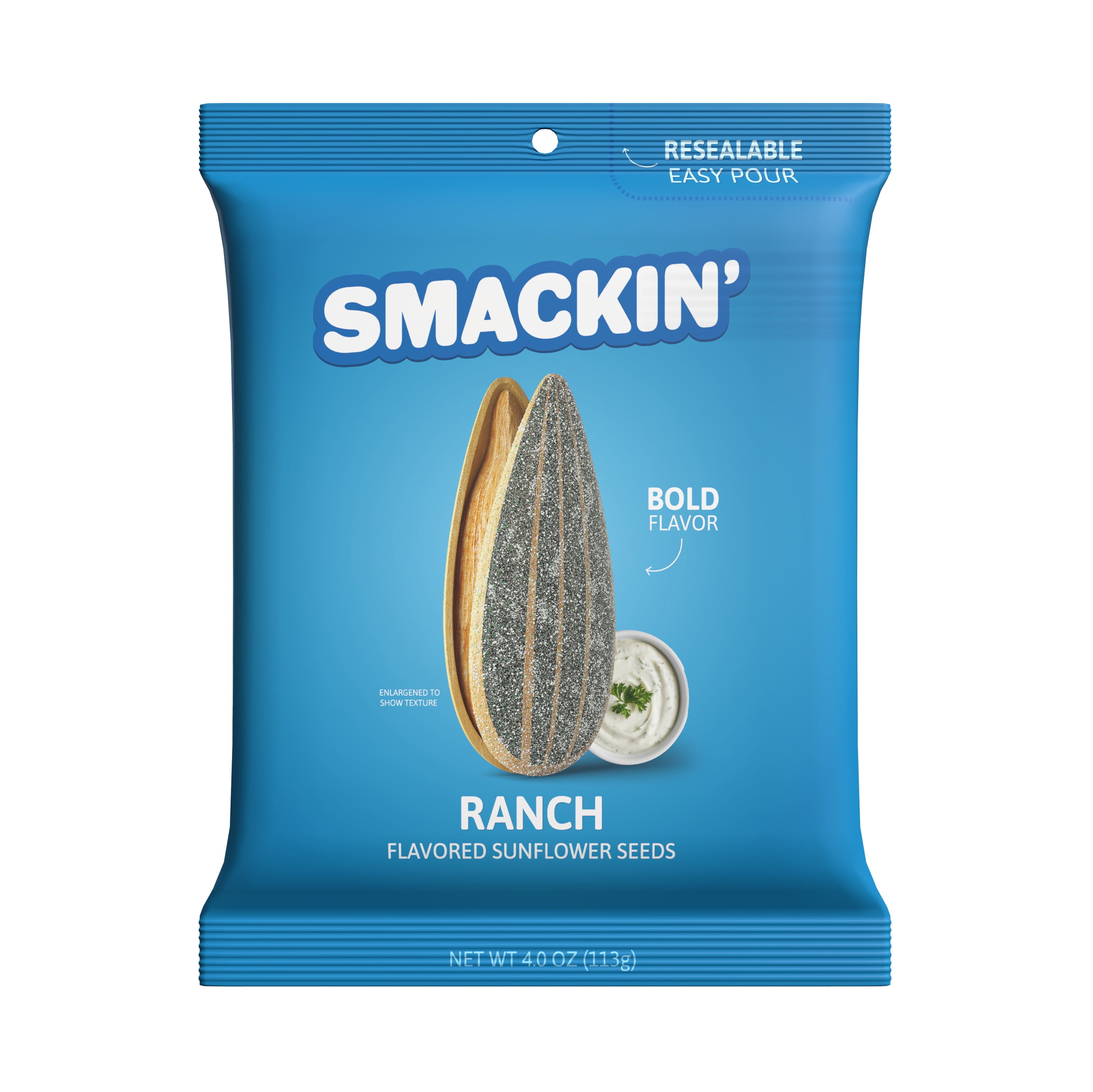SMACKIN' - Jumbo Roasted Sunflower Seeds, No Salty Burn, American Made, Easy Pour & Seal - Ranch, 4oz bag (12 Bags)