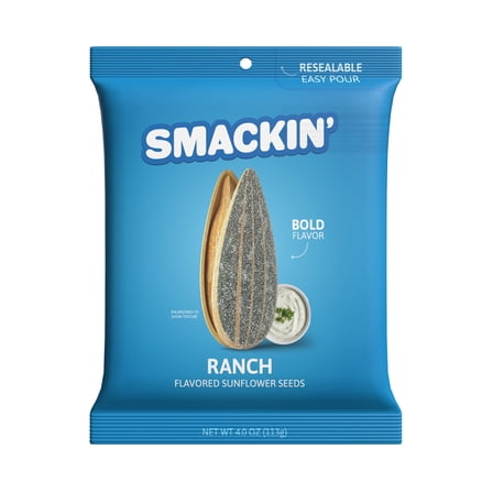 SMACKIN' - Jumbo Roasted Sunflower Seeds, No Salty Burn, American Made, Easy Pour & Seal - Ranch, 4oz bag (12 Bags)