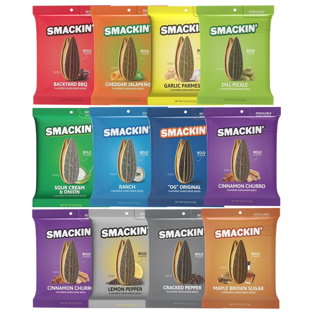 SMACKIN' - Jumbo Roasted Sunflower Seeds, No Salty Burn, American Made, Easy Pour & Seal - Variety Pack, 4oz bag (12 Bags)