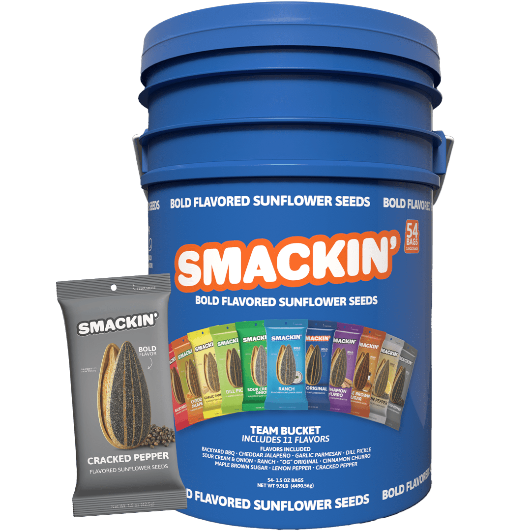 SMACKIN' Sunflower Seeds | Cracked Pepper Jumbo Sunflower Seeds | 54 Bag Seed Bucket | 1.5 Ounce Flavored Sunflower Seeds | Small-Batch, American Made Sunflower Seeds