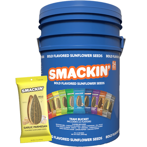 SMACKIN' Sunflower Seeds | Garlic Parmesan Jumbo Sunflower Seeds | 54 Bag Seed Bucket | 1.5 Ounce Flavored Sunflower Seeds | Small-Batch, American Made Sunflower Seeds