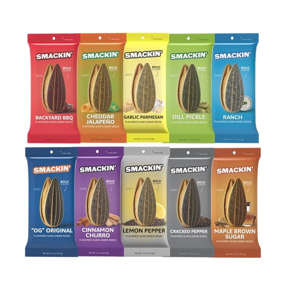SMACKIN' Sunflower Seeds, No Salty Burn, Roasted Jumbo Small-Batch, American Made - 10 Flavor Variety. 1.5oz bags (10 Bags)