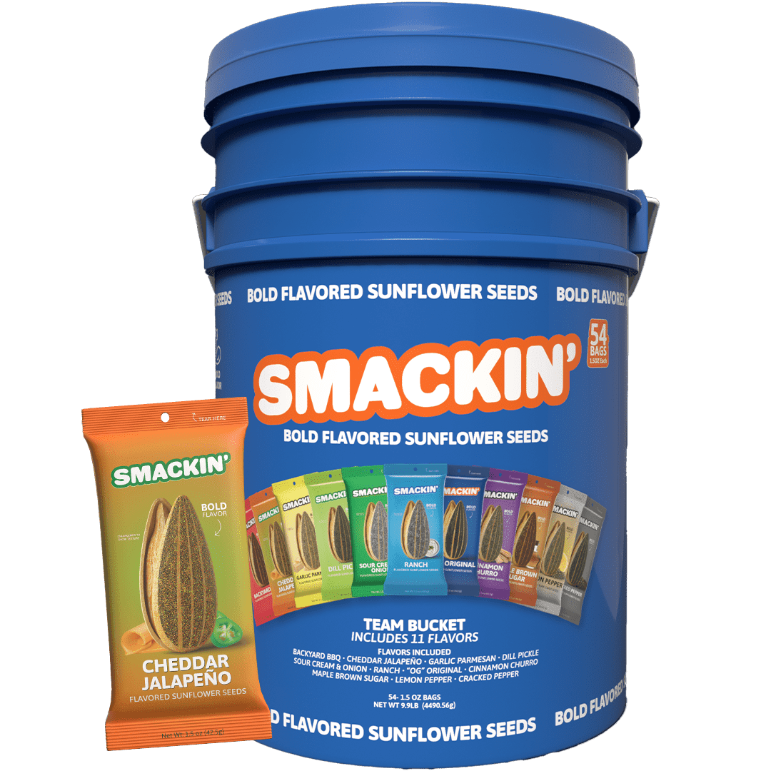 SMACKIN' Sunflower Seeds, Roasted Jumbo Small-Batch, American Made - Cheddar Jalapeño. 1.5oz bags (54 Pack Bucket)