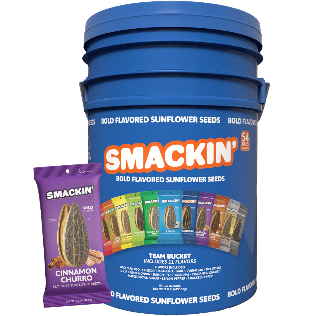 SMACKIN' Sunflower Seeds, Roasted Jumbo Small-Batch, American Made - Cinnamon Churro. 1.5oz bags (54 Pack Bucket)