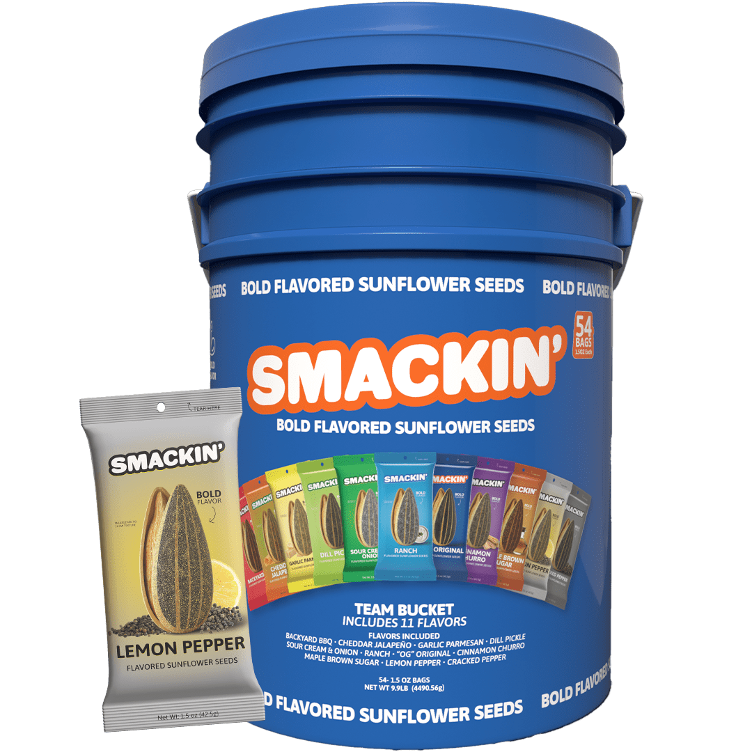 SMACKIN' Sunflower Seeds, Roasted Jumbo Small-Batch, American Made - Lemon Pepper. 1.5oz bags (54 Pack Bucket)
