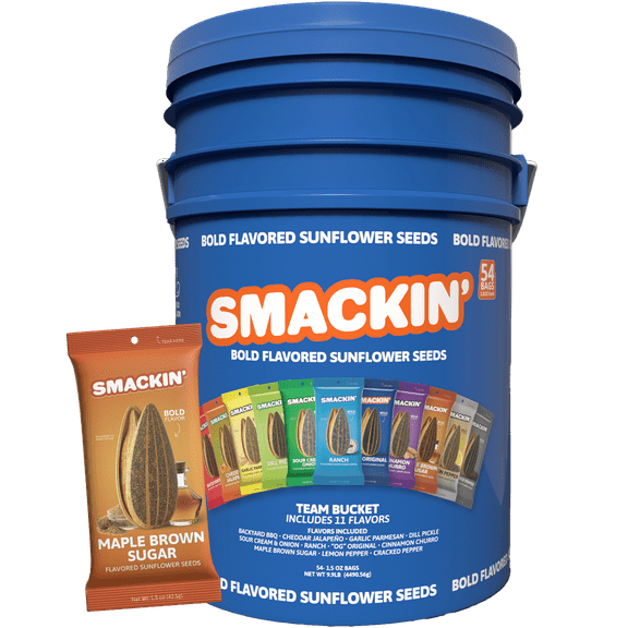 SMACKIN' Sunflower Seeds, Roasted Jumbo Small-Batch, American Made - Maple Brown Sugar.1.5oz bags (54 Pack Bucket)
