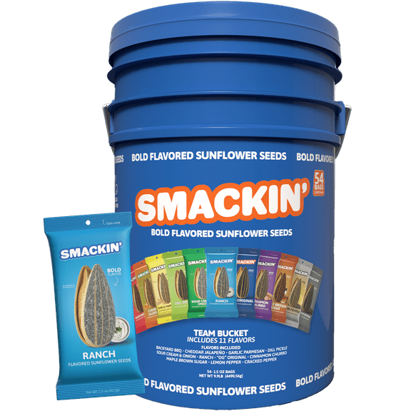 SMACKIN' Sunflower Seeds, Roasted Jumbo Small-Batch, American Made - Ranch. 1.5oz bags (54 Pack Bucket)