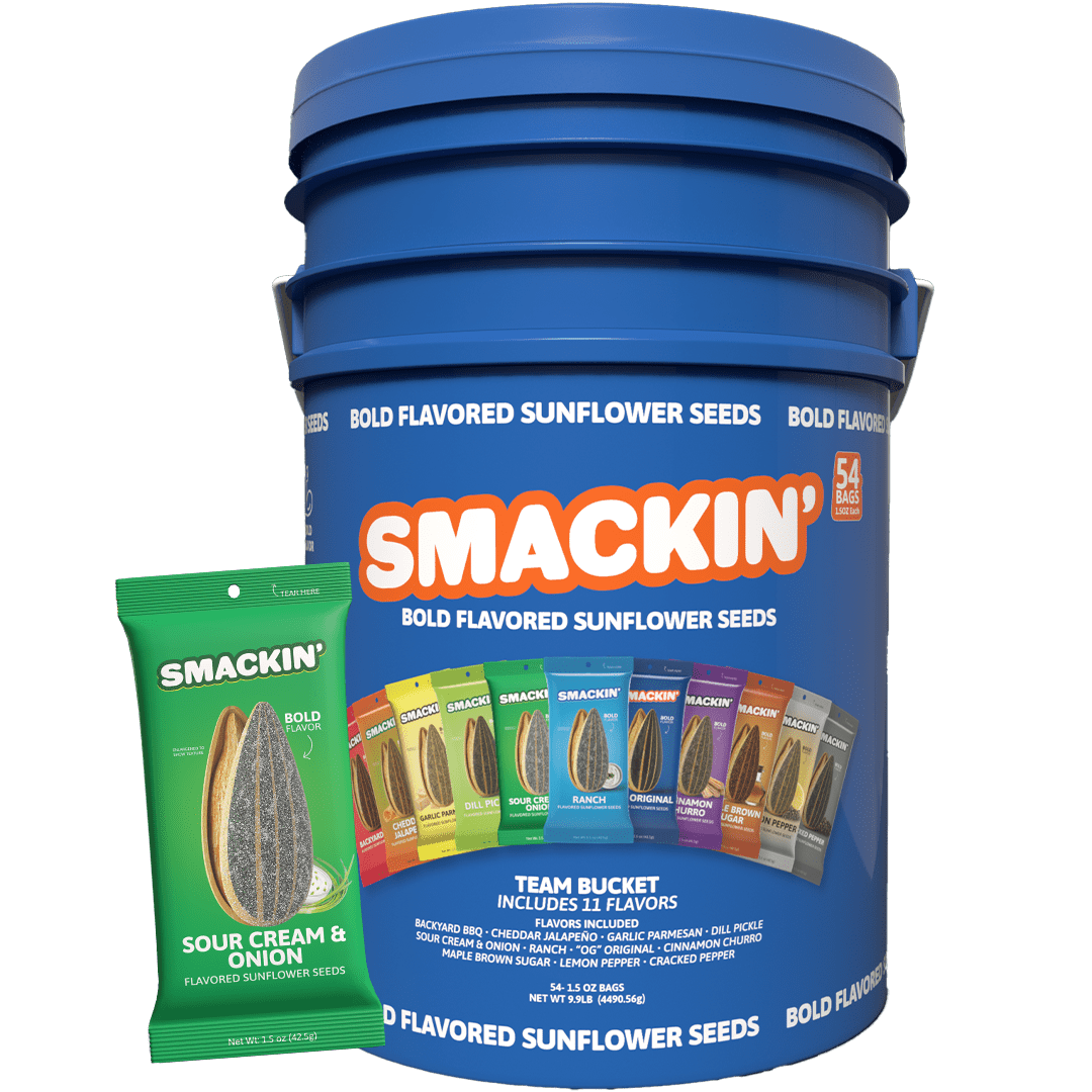 SMACKIN' Sunflower Seeds, Roasted Jumbo Small-Batch, American Made - Sour Cream & Onion. 1.5oz bags (54 Pack Bucket)