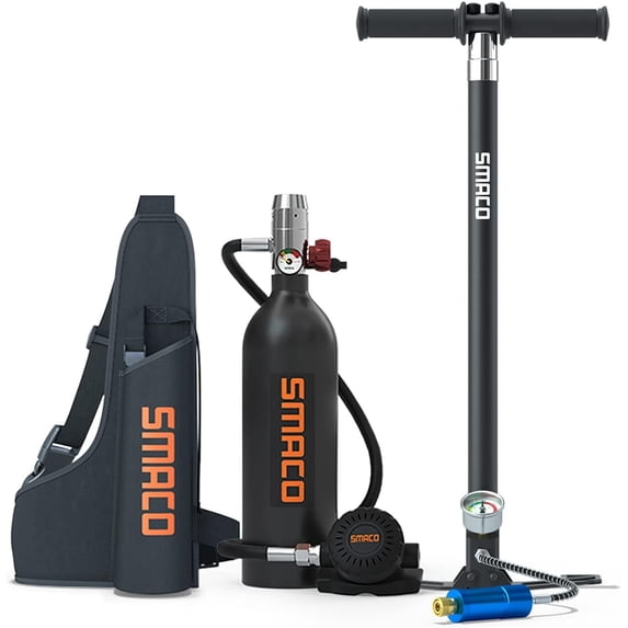 SMACO Mini Scuba Tank 1L Scuba Tank Support About 20 Minutes S400 Scuba Diving Tank Diving Equipment with Hand Pump,Black