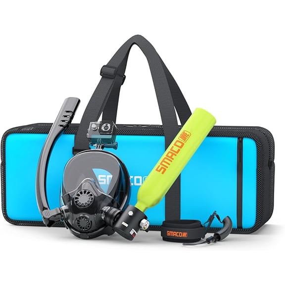 SMACO Mini Scuba Tank with Snorkel Mask 0.5L Portable Small Diving Tank with Full Face Diving Mask Lung Air Tank Sub Mask Reusable DOT Certified Pony Bottle for Snorkeling