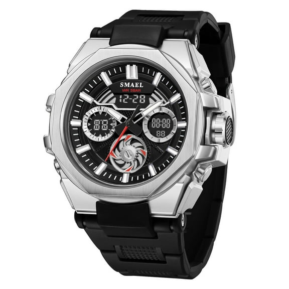 SMAEL 8098 Fashion Sports Leisure Man Dual Display Waterproof Chronograph Date Alarm Night Display Alloy Case Silicone Strap Shockproof Design Male Wristwatch