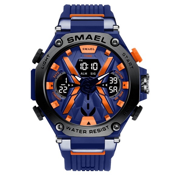 SMAEL Alloy Dial Quartz Digital Watch Men Military Waterproof Dual Display Backlight Outdoor Sports Stopwatch